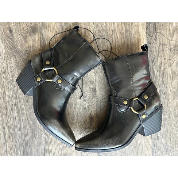 London Rag Shoes - London Rag Dark Olive Green Side Buckle Western Style Ankle Boots Size 8